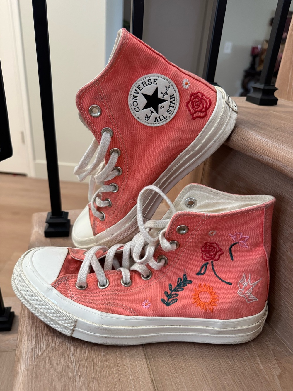 Converse High Top Sneakers in Coral with Embroidered Floral Accents
